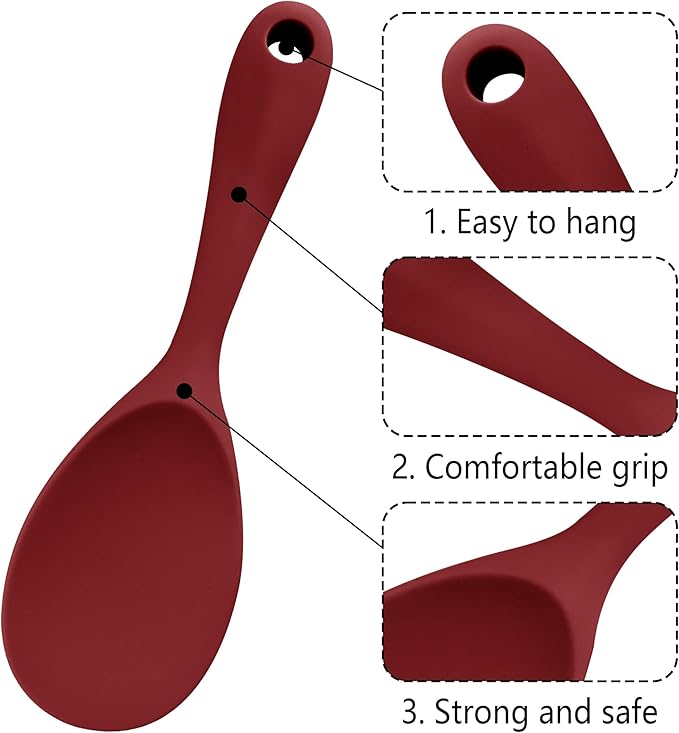 2PCS 8.8 Inch Silicone Rice Paddle Spoon, Red Non Stick Rice Spatula, Heat Resistant Rice Cooker Spoon for Rice, Salads, Mashed Potato