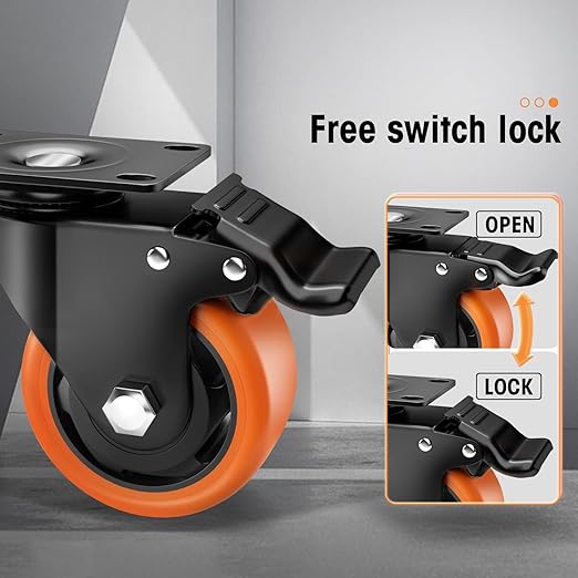 Casters, 3" Caster Wheels，Casters Set of 8 Heavy Duty - ASRINIEY Orange Polyurethane Castors, Top Plate Swivel Wheels, 8-Pack Industrial Casters with Brake, Locking Casters for Furniture and Workbench