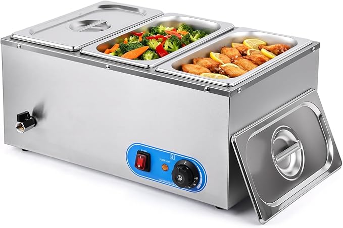Commercial Food Warmer 1500W Stainless Steel Steam Table Food Warmer | 3 Lidded 1/3 Pans, Adjustable Temp, Built-in Faucet | for Restaurants, Catering & Buffets