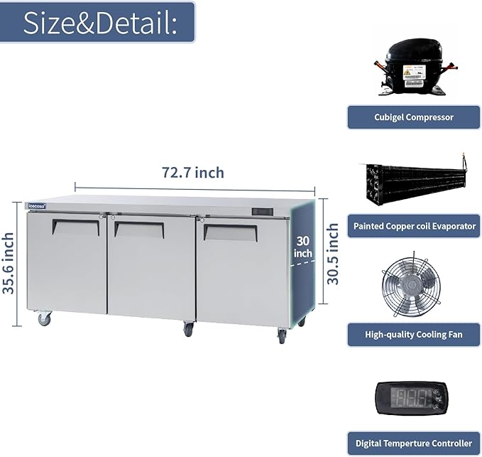 ICECASA 72" W Commercial Freezer Worktop Undercounter Freezer Three Door Stainless Steel Counter Fan Cooling 20 Cu.ft for Restaurant, Bar, Shop, etc
