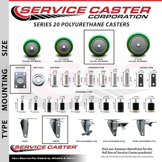 Service Caster Brand Replacement Caster for Uline Caster H-5539S-Swivel Top Plate Caster with 4 Inch Green Polyurethane Wheel-Light Duty Replacement Caster-Fits Cart, Dollies and Poly Box Truck H-1956