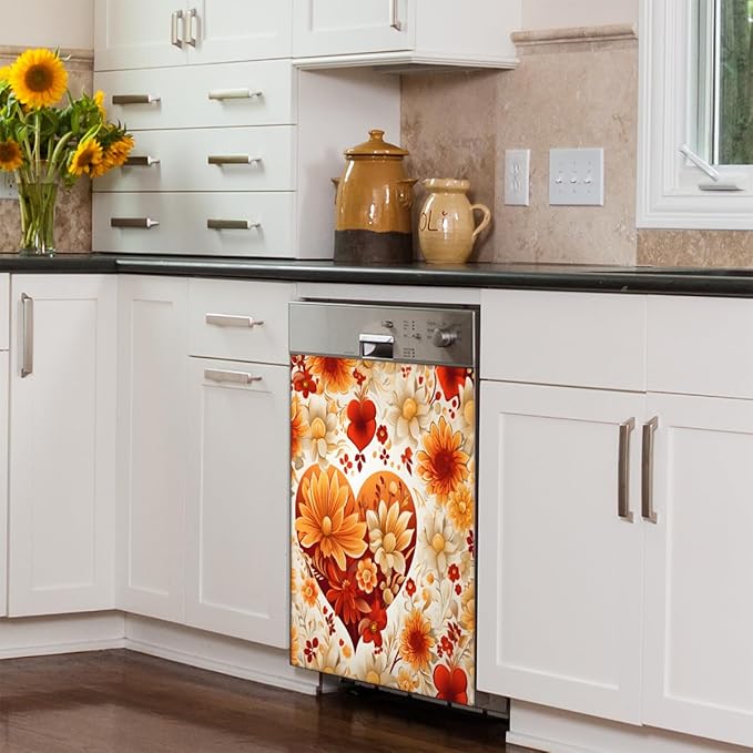 Valentine's Day Yellow Flowers Dishwasher Magnet Cover, Reusable Refrigerator Panel Stickers Microwave Front Door Covers Magnets for Kitchen Home Appliances Holiday Party Decorations 23 X 26 in