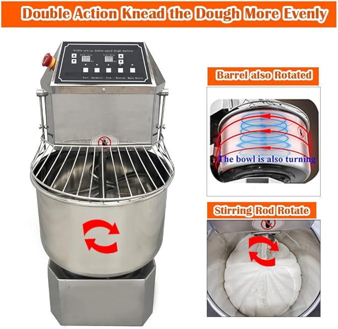 Commercial Spiral Dough Mixer 20L 304 Stainless Steel Stand Mixer with Double Action & Variable Speed, Heavy Duty Pizza & Bread Dough Kneading Machine for Restaurants, Bakeries, Home Kitchens