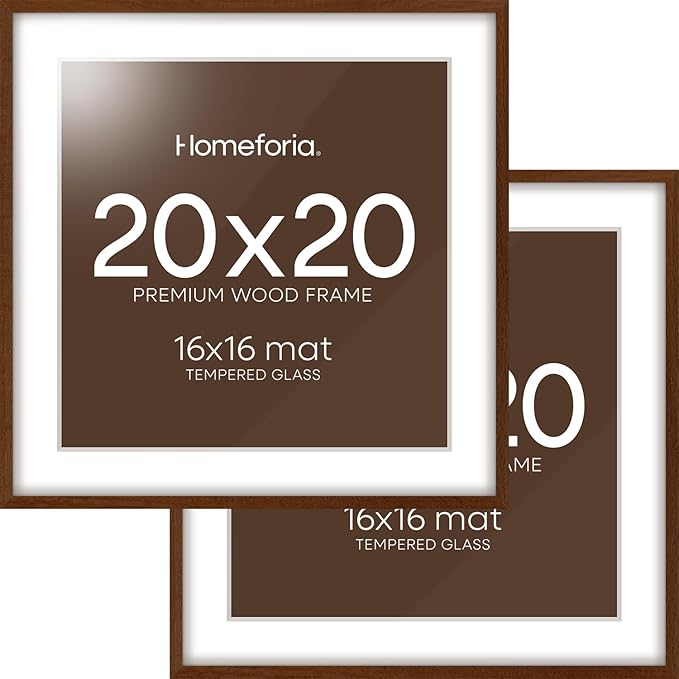 Homeforia 20x20 Brown Picture Frame, High End Dark Oak 20 x 20 Square Wood Frame with Mat 16 x 16 for Photo, 20by20 Wooden Walnut Poster Frame Matted to 16x16 Print, Tempered Glass, Wall Kit, Set of 2