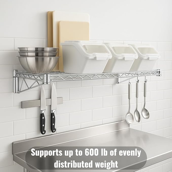 18" x 36" Chrome Wall-Mounted Wire Shelf Kit with Clip-in Ingredient Storage Bins, Heavy-Duty Steel Rack, Supports up to 600 lb, Flip-Top Lids, Open-Wire Design for Kitchen/Prep/Storage