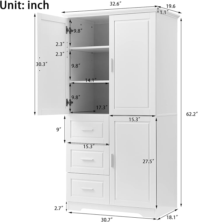 Storage Cabinet with Three Drawers and Doors, Wide Pantry Cupboard for Kitchen, Living Room and Bathroom, Adjustable Shelf, White