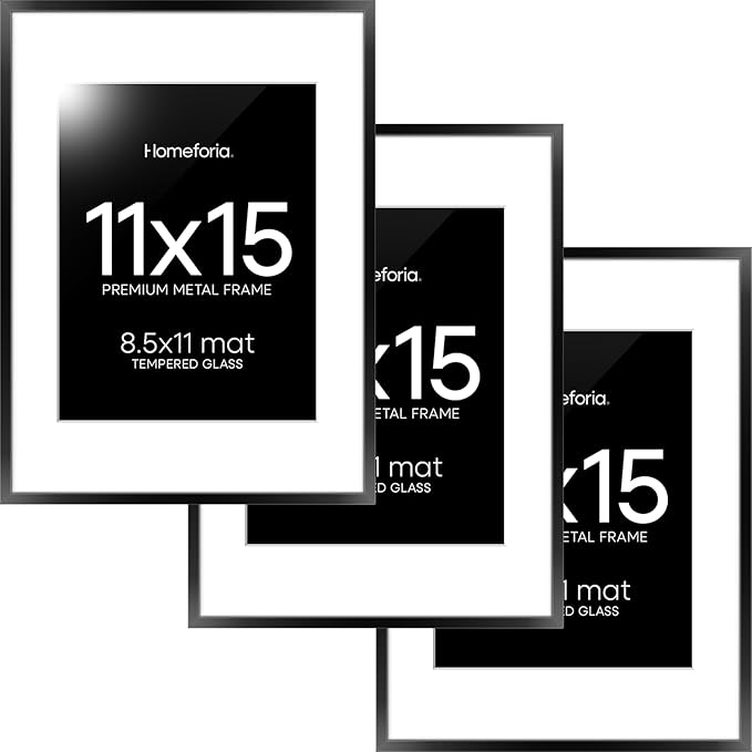 Homeforia Black 11x15 Picture Frame, High End Metal 11x15 Poster Frames with Mat 8.5x11, 11 x 15 Black Frames Matted to 8.5 x 11 inch Photo, 11 by 15 Hanging Frames, Tempered Glass, Wall Kit, Set of 3