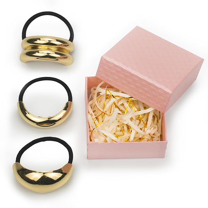 3PCS Gold Geometric Hair Ties - Polished Metal Hair Cuffs for Women, Non-Damage Ponytail Holders with Unique Shapes