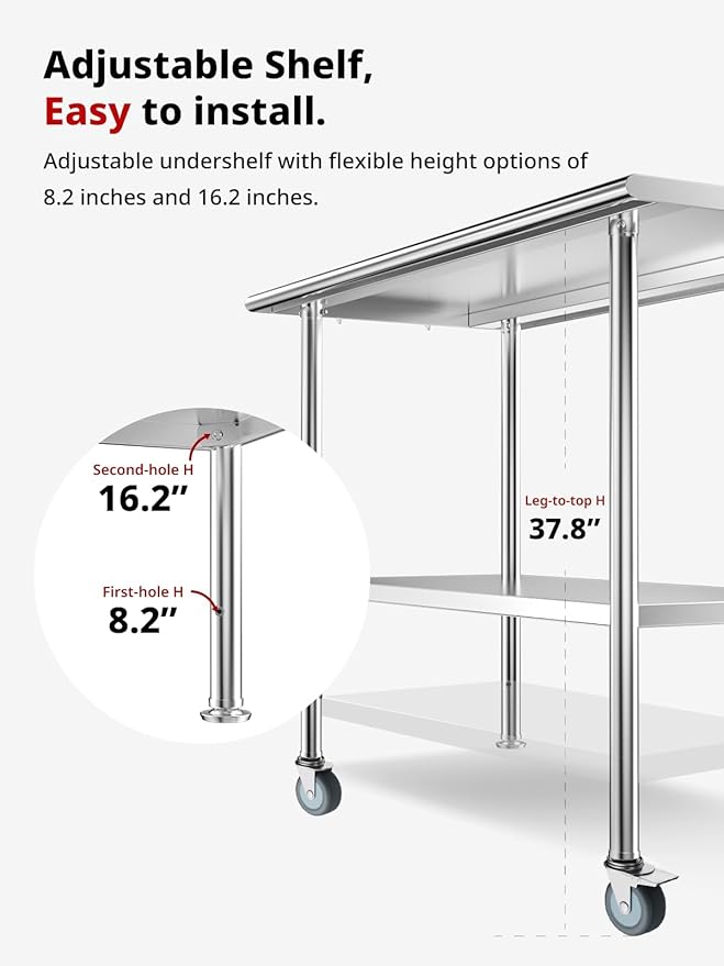 All-Stainless Steel Prep Table, 24 X 48 Inches, with Rounded-Corner Backsplash, Wheels and Adjustable Undershelf, Heavy-Duty for BBQ,Restaurants,Hotels,Workshops,Kitchens