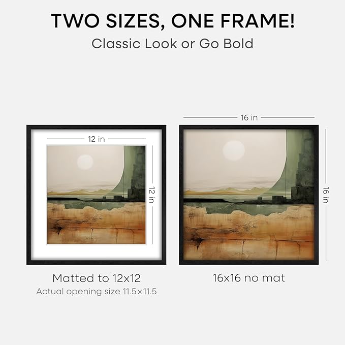 Homeforia 16x16 Black Wood Frame, High End Oak 16 x 16 Square Picture Frames with Mat 12 by 12 inches Photo, 16by16 Black Wooden Poster Frames Matted to 12x12 Print, Tempered Glass, Wall Kit, Set of 2