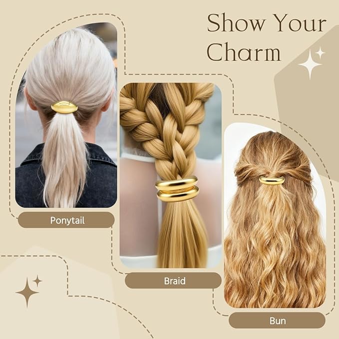 6Pcs Gold Hair Ties - 3 Styles Gold Hair Accessories for Women & Girls, Elegant Chic Metal Hair Cuff Non-Damage Ponytail Cuffs Holders for Thick Hair