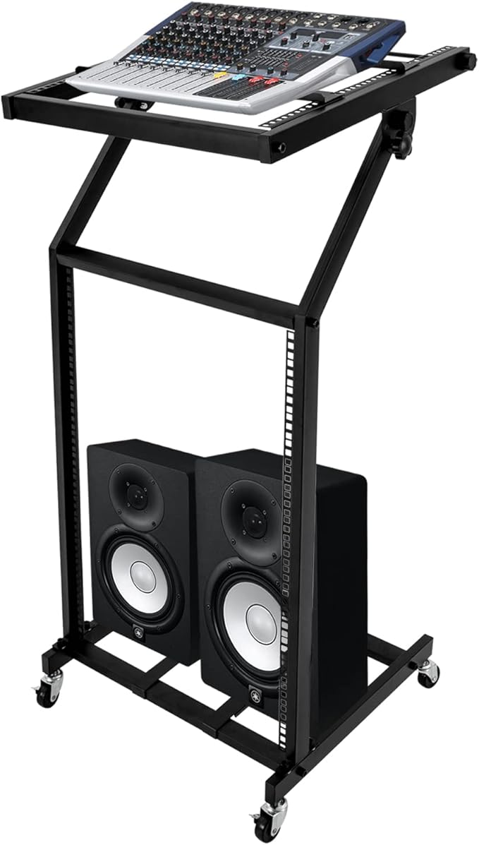 DJ Mixer Stand, 2-Layer Audio Device Rack with 4 Wheels, Audio Studio Mixer Stand for Homes Offices Stage Concert Studio Equipment Rolling Stage Cart (16U)