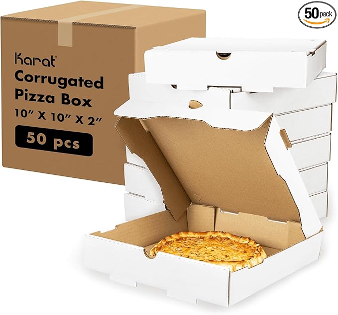 Karat Pizza Boxes 10" x 10" x2" [50 Pack] White Corrugated Boxes | Ventilated, Grease-Resistant, Durable for Pizza or Shipping Use