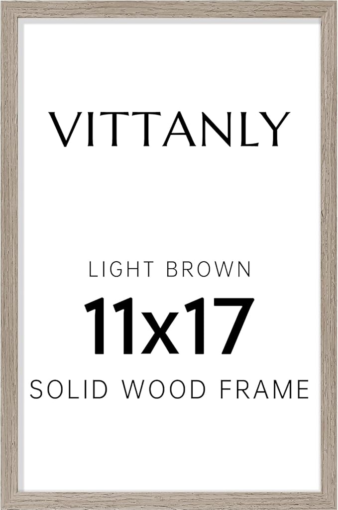 Vittanly 11x17 Picture Frame, Solid Wood Frame with Plexiglass, Includes 8x12 Mat, Wall Hanging for Photos, Home Decor, Light Brown, 1 Pack