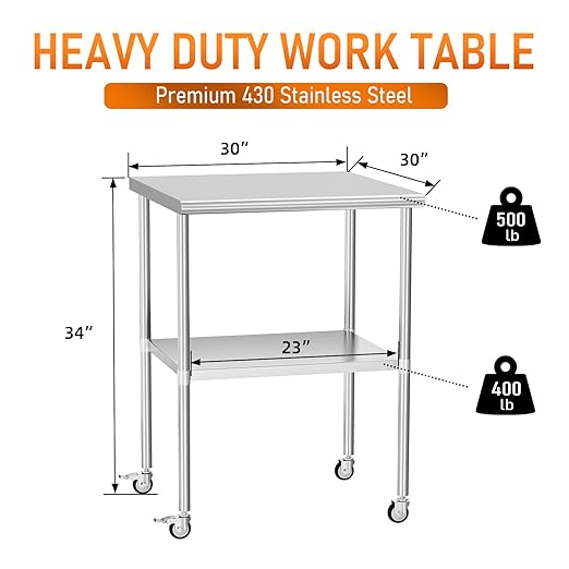 Stainless Steel Table with Wheels 30" x 30" Utility Worktable with Adjustable Undershelf for Commercial Kitchen, Garage, Restaurant