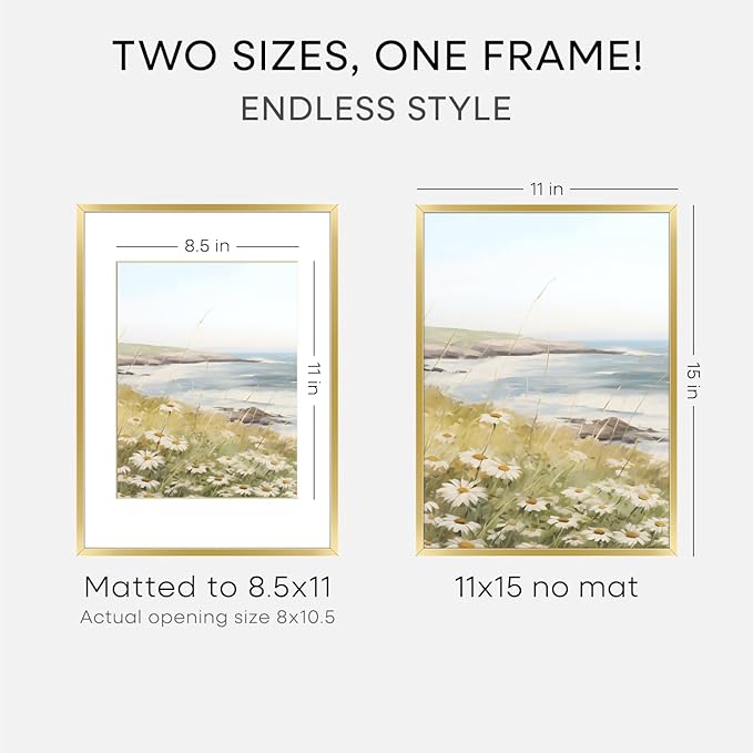 Homeforia 11x15 Picture Frame Gold, High End Metal 11x15 Poster Frames with Mat for 8.5x11, 11 x 15 Gold Frames Matted to 8.5 x 11 inch Photo, 11by15 Hanging Frames, Tempered Glass, Wall Kit, Set of 2