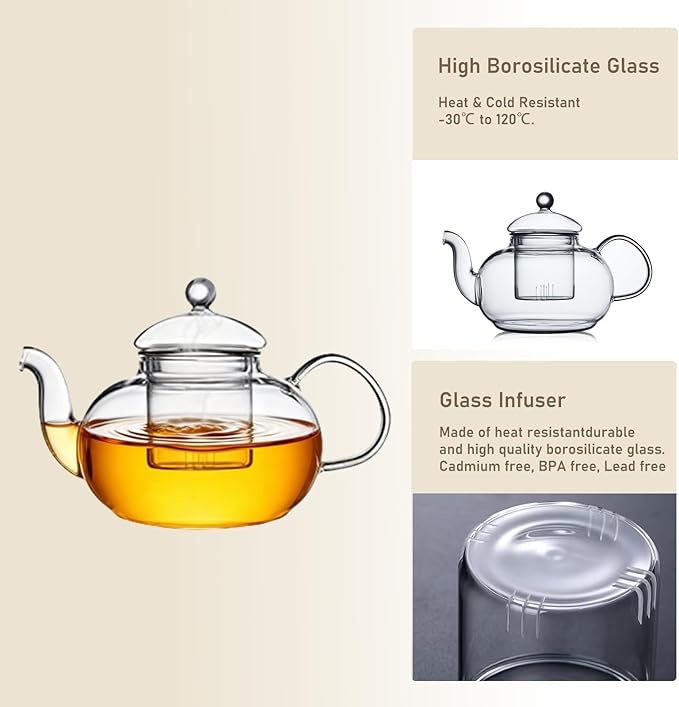 600ml(20.3oz) Borosilicate Glass Teapot with Removable Glass Infuser, Stovetop Safe Clear Tea Kettle for Blooming and Loose Leaf Tea