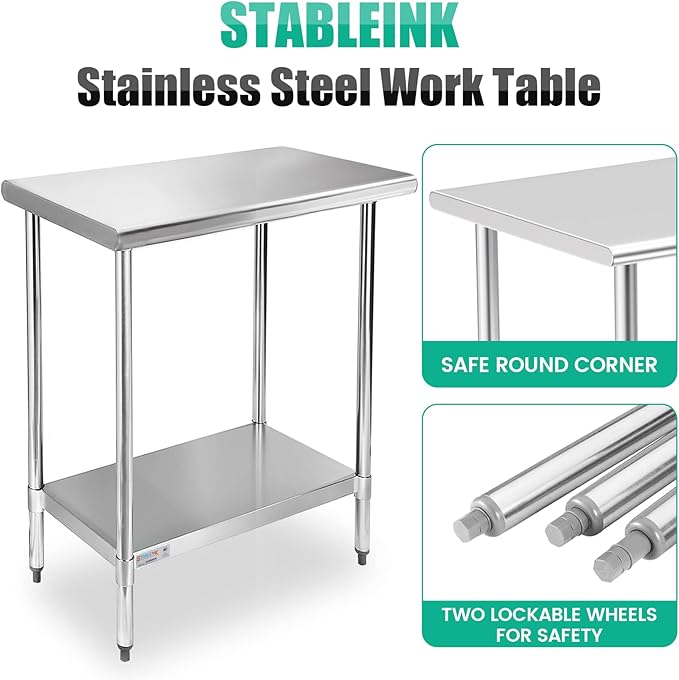 STABLEINK NSF Stainless Steel Table, 30 x 18 Inches Small Metal Prep & Work Table with Adjustable Undershelf, for Commercial Kitchen, Restaurant, Hotel and Garage