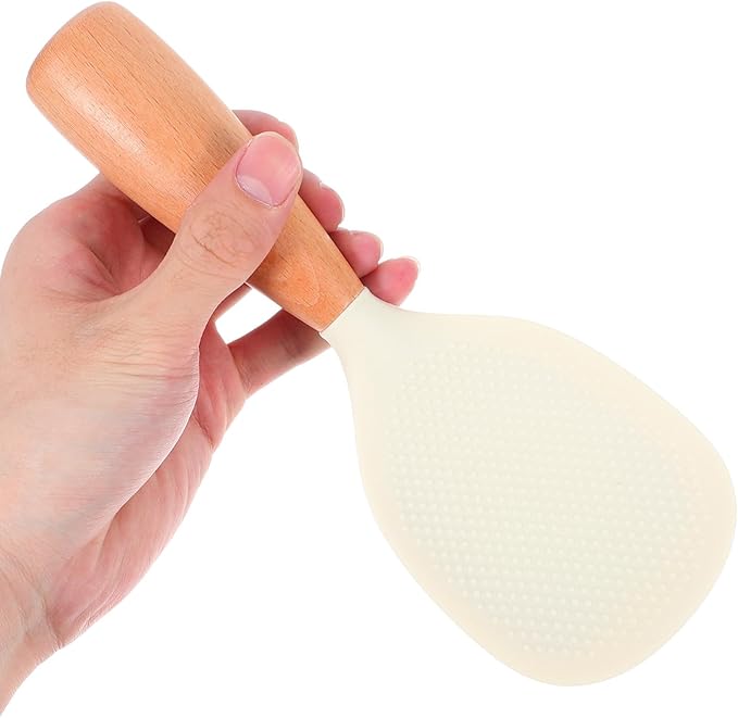 Heat Resistant Silicone Rice Paddle with Wooden Handle Non-Stick Self-Standing Rice Scoop for Cooker Ergonomic Anti-Slip Grip Kitchen Serving Spoon