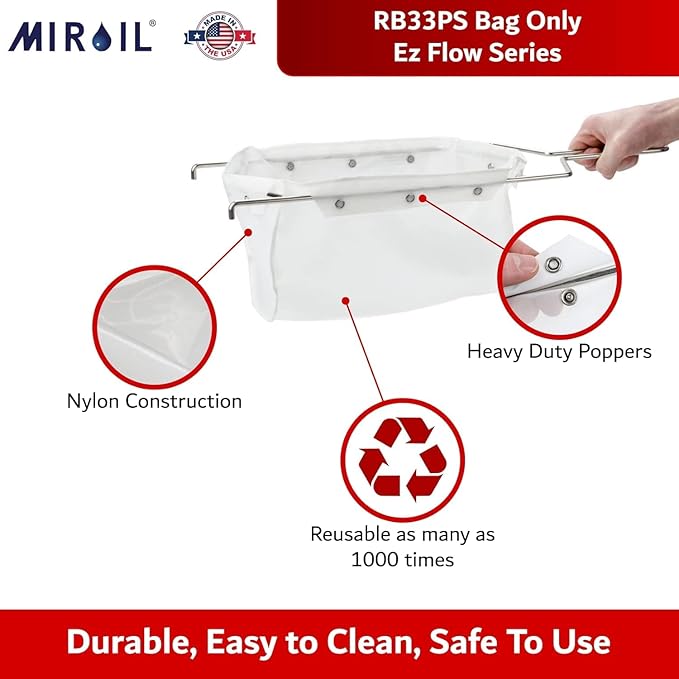 MirOil RB33PS Fryer Filter Bag, EZ Flow Oil Filter Bag, Polish & Extends Life of Hot & Cold Cooking Oil, Maintain Quality & Taste of Fried Foods, Reduce Contaminants for Fryers (Frame Sold Seperately)
