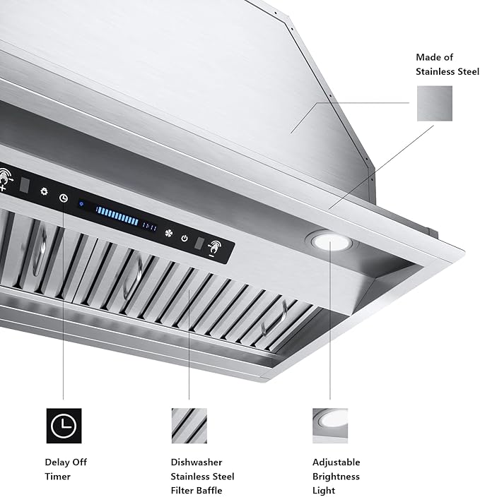 IKTCH 30 inch Built-in/Insert Range Hood 900 CFM, Ducted/Ductless Convertible Duct, Stainless Steel Kitchen Vent Hood with 2 Pcs Adjustable Lights and 2 Pcs Baffle Filters with Handlebar