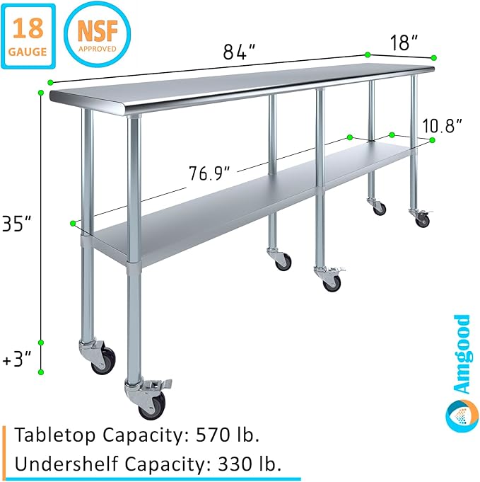 AmGood 84" Long x 18" Deep Stainless Steel Table with Casters