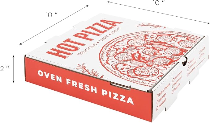 Karat Pizza Boxes 10" x 10" [50 Pack] Classic Red Print Corrugated Boxes | Ventilated, Grease-Resistant, Durable for Pizza or Mailing Use
