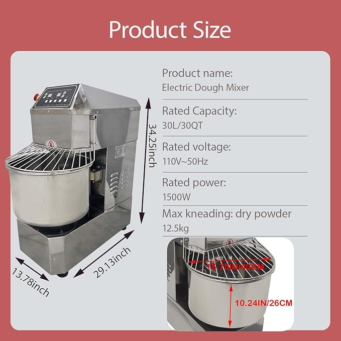 30QT Commercial Stand Dough Mixer Double Action Fast and Slow Speed Spiral Electric Flour Mixing Machine for Professional Bread Making Kneading Machine with Speed Time Control 30L 1500W