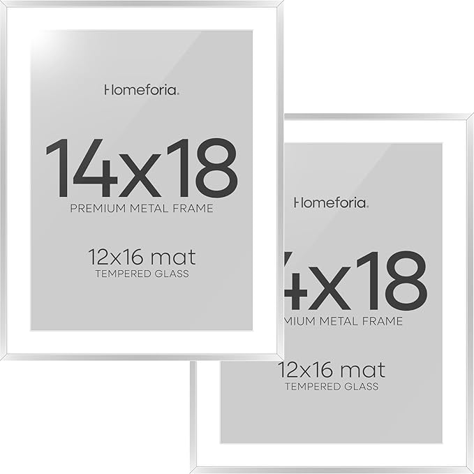 Homeforia 14x18 Picture Frame Silver, High End Metal 14x18 Frames with Mat 12x16 for Photo, 14 x 18 Silver Poster Frame Matted to 12 x 16 Print, 18x14 Hanging Frame, Tempered Glass, Wall Kit, Set of 2