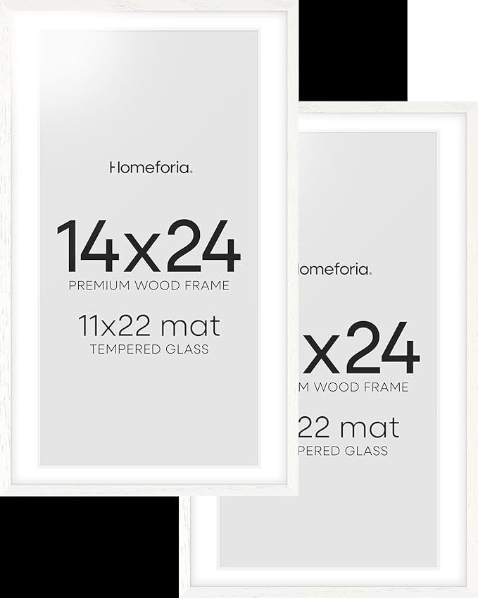 Homeforia 14x24 White Picture Frame, High End Oak 14x24 White Wooden Poster Frames with Mat 11x22 for Print, 14 x 24 Wood Frame Matted to 11 x 22 Photo, 24x14 Frame, Tempered Glass, Wall Kit, Set of 2