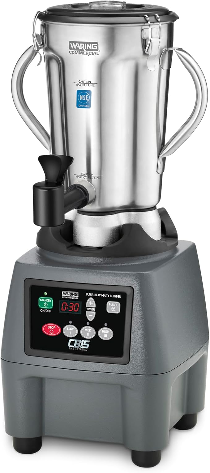 Waring 1-Gallon Blender, 3.75 HP, Timer, Stainless Steel Jar with Spigot & Handles, Commercial for Smoothies, Soups & Sauces – CB15TSF