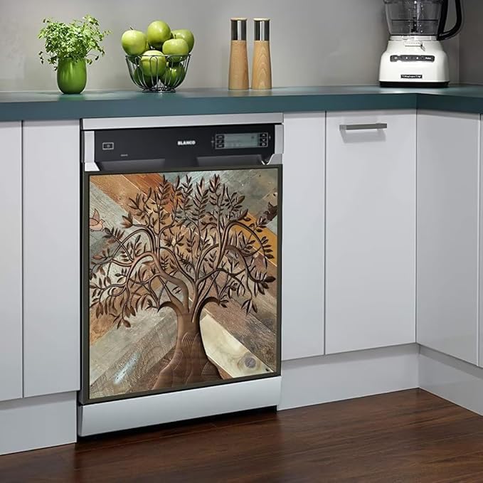Stainless Steel Tree of Life Dishwasher Cover for Front, Wooden Door Refrigerator Cover Skin Decor, Birds Dishwasher Panel Decal, Ordinary 23" x 26"