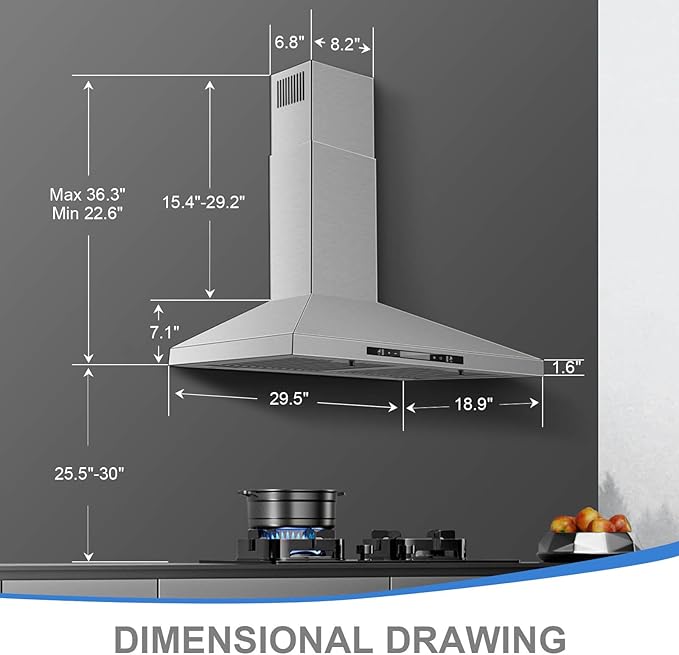 SNDOAS Wall Mount Range Hood 30 inch with Touch and Gesture Sensing Control,Chimney-Style Stainless Steel Range Hood,Vent Hood 30 inch Ducted/Ductless Convertible Kitchen Hood,Baffle Filters