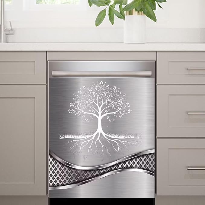 Imitation Stainless Steel Design Tree Painting Dishwasher Magnetic Cover Sticker Refrigerator Door Panel Fridge Appliance Magnet Decal Sheet Kitchen Decor 23x26 inch