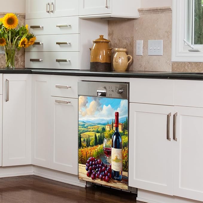 Painting Wine Landscape Dishwasher Magnet Cover Front Dishwasher Cover Decor Reusable Magnetic Door Cover Panel Decal Home Appliances Stickers Kitchen Refrigerator Fridge 23"x26"