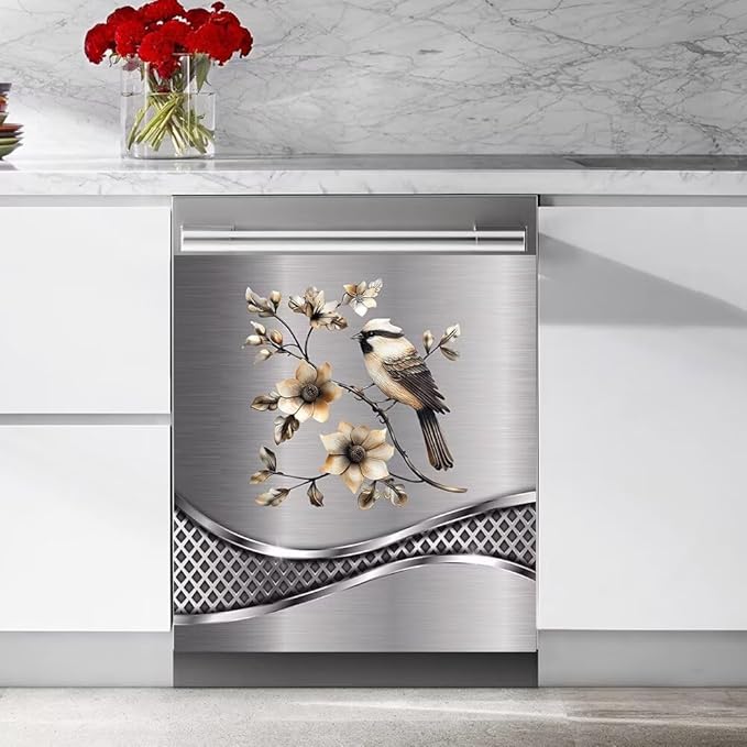 Imitation Stainless Steel Design Bird Pattern Dishwasher Cover Magnetic Sticker Refrigerator Door Panel Cover Fridge Appliance Magnet Decal Sheet 23x17 inch