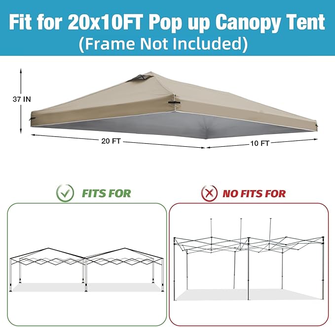 10x20 Canopy Replacement Top Cover with Air Vents for ez up Pop up Canopy Gazebo Tent, with Adjustable Strap, Waterproof & Anti-UV for Outdoor Shade (Top Only, Frame Not Included) (Tan)