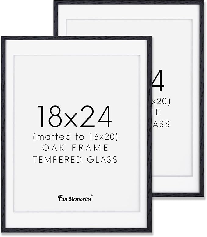 Fun Memories Black 18x24 Picture Frame, Large 18 by 24 Poster Frames Set of 2, Natural Oak Wood Frame 18 x 24 with Tempered Glass, 18x24 Black Wood Frames, 18"x24" Art Frame
