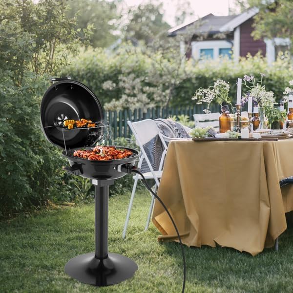 Electric BBQ Grill with Stand, 1600W Portable Outdoor/Indoor Grill with Interlocking Hood, Temperature Control & Warming Rack, Non-Stick Surface with Oil Collection Tray for Patio & Balcony