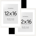 Homeforia 12x16 White Picture Frame, High End Oak 12x16 Wood Poster Frames with Mat 9x12 Print, 12 x 16 White Wooden Frame Matted to 9 by 12 Photo, 16x12 Thin Frame, Tempered Glass, Wall Kit, Set of 2