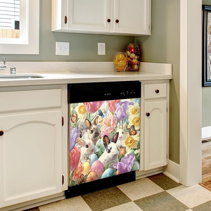 Dishwasher Magnet Cover Easter Bunny Eggs Dishwasher Door Cover Panel Decals Magnetic Refrigerator Covers for Kitchen Farmhouse Home Decor 23 X 26 in
