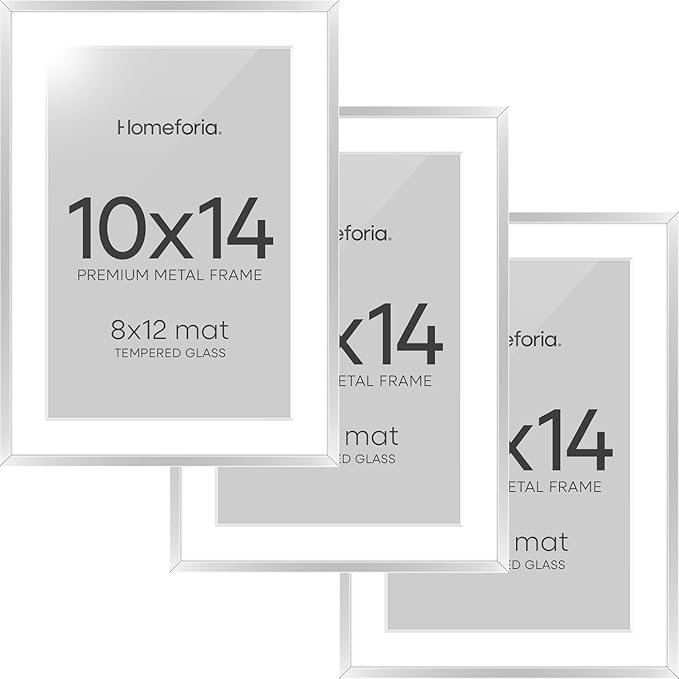 Homeforia 10x14 Picture Frame Silver, High End Metal 10x14 Frames with Mat 8x12, 10 x 14 Silver Poster Frame Matted to 8 x 12 inch Photo, 10by14 Thin Hanging Frames, Tempered Glass, Wall Kit, Set of 3
