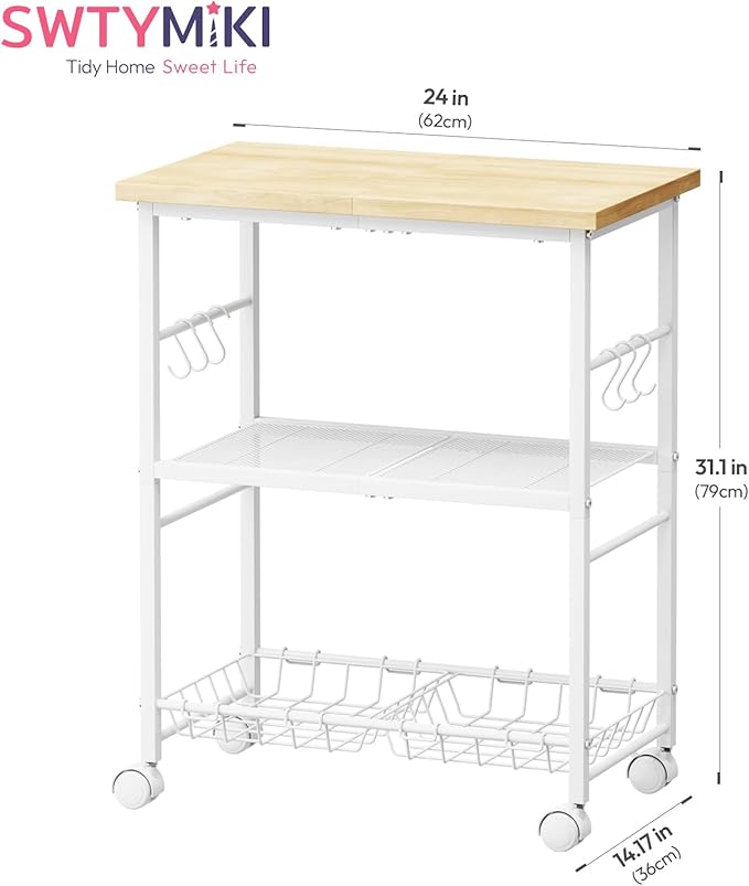 SWTYMIKI Rolling Kitchen Microwave Cart - 3 Tier Microwave Table Stand with Storage Basket and Hooks, Kitchen Utility Cart on Wheels, Coffee Cart Shelf Rack Organizer for Living Room Office, Balcony