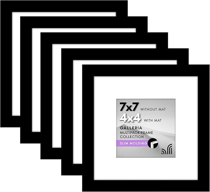 Americanflat 7x7 Picture Frame with Polished Plexiglass - Set of 5 - Use as 4x4 Frame with Mat or Display 7x7 Photo Without Mat - Galleria Collection - Square Frames for Tabletop and Wall - Black