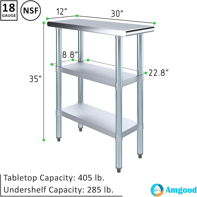 AmGood Stainless Steel Work Table with 2 Shelves | NSF | Metal Utility Table (12" Long x 30" Deep)