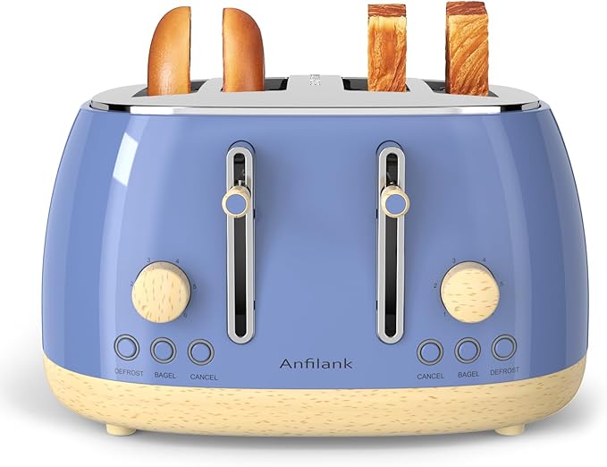 Toaster 4 Slice,Retro Stainless Steel Toaster with Extra Wide Slots Cancel, Bagel, Defrost Function, Dual Independent Control Panel, Removable Crumb Tray and High Lift Lever (Sapphire Blue)