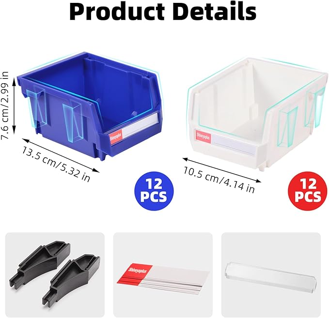 Stackable Storage Bins 24 Pack (5x4x3 Inch), Plastic Stackable Storage Organizer Bins Wall Mounted Hanging Small Parts Bin for Garage, Workbench & Office (Blue & White)