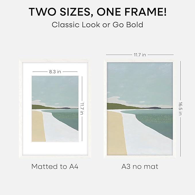 Homeforia A3 Picture Frame White Wood, High-End Oak 11.7 x 16.5 White Poster Frames Matted to 8.3 by 11.7 Photo, 11.7x16.5 Size Wooden Frame with Mat 8.3x11.7 Print, Tempered Glass, Wall Kit, Set of 2