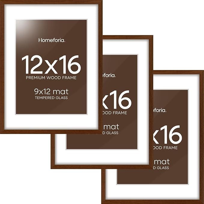 Homeforia 12x16 Picture Frame Brown, High End Dark Oak 12x16 Walnut Wood Poster Frame with Mat 9x12 Print, 12 x 16 Wooden Frame Matted to 9 x 12 Photo, 16x12 Frames, Tempered Glass, Wall Kit, Set of 3
