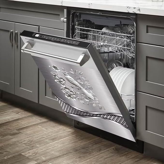 Stainless Steel Design Bird Wallpaper Dishwasher Cover Magnetic Sticker Refrigerator Door Panel Cover Fridge Appliance Magnet Decal Sheet 23x26 inch